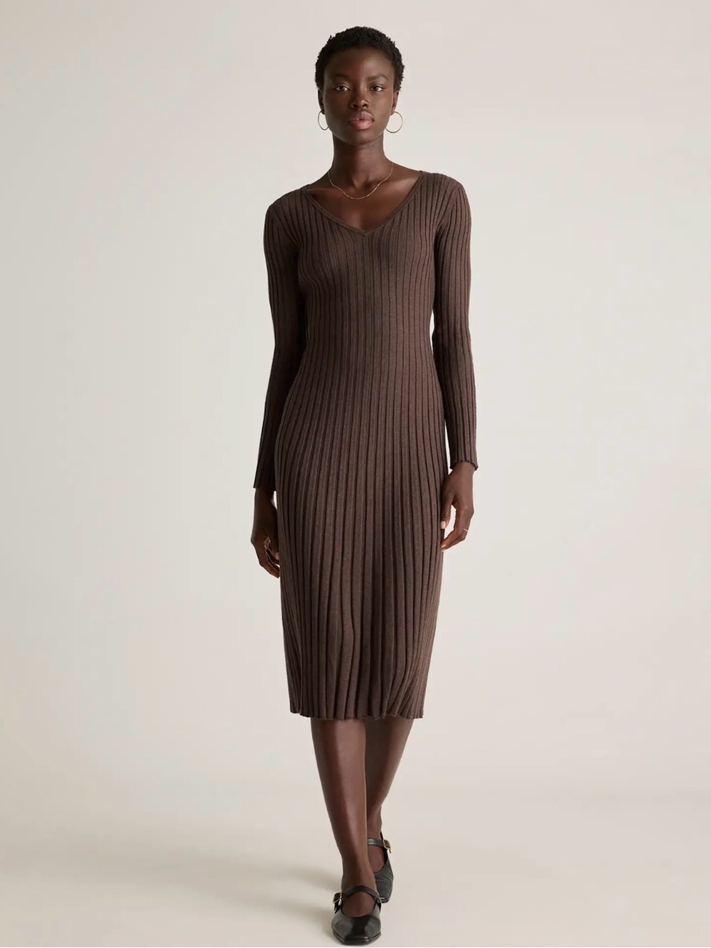 Quince Ribbed V‑Neck Long Sleeve Midi Dress — Brown